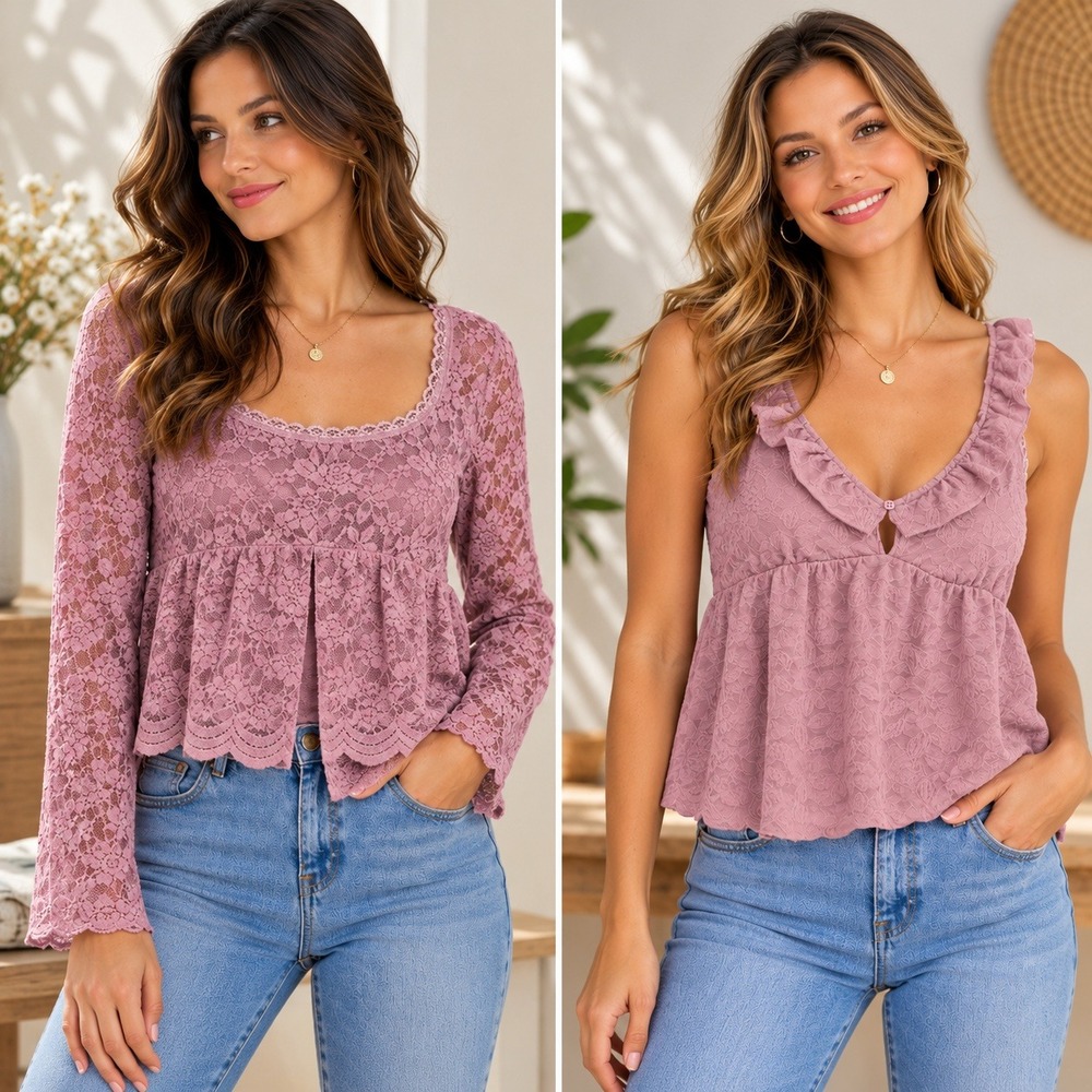 La Peche Womens Mauve Floral Lace 2-Piece Top Set Long Sleeve & Ruffle Tank M